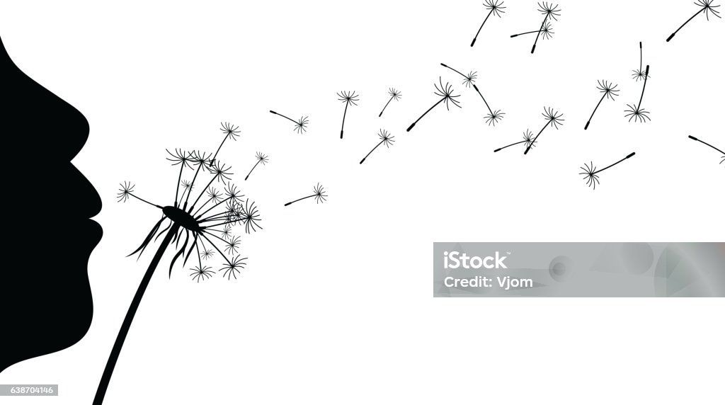 Background with girl and dandelion. White background with silhouette of girl with dandelion. Vector paper illustration. Blowing stock vector