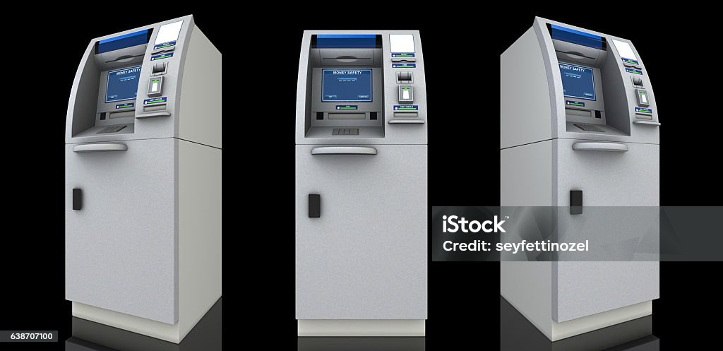 Three atm machines ATM, Security Camera, Currency, Safe, Box - Containeri, Security System, Paper Currency, Credit Card, Manufactured Object, Computer Monitor, Equipment, Bank Account, 3D, Button, Financial Figures, Number ATM Stock Photo