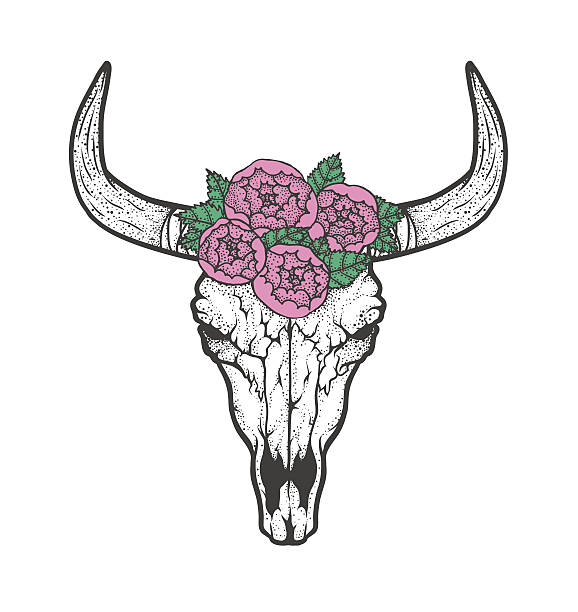 istock Bull skull with roses native Americans tribal style. Tattoo blackwork 638707336