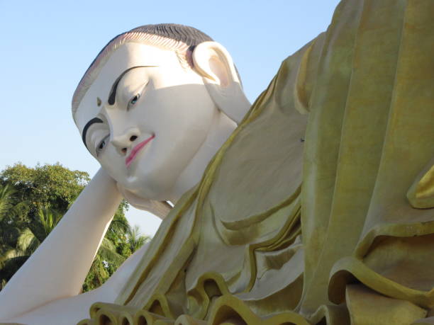 Head and Shoulders of Giant Reclining Buddha, Bago, Myanmar stock photo