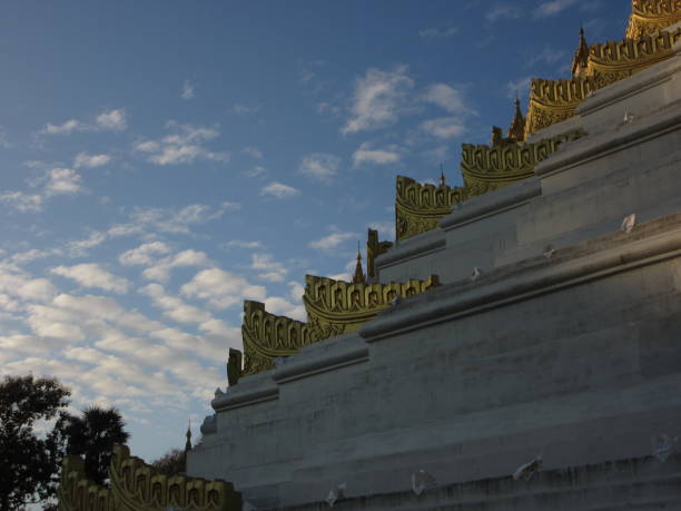 White and Gold Stupa Corner, Bago, Myanmar stock photo