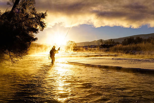 pêche à la mouche en hiver au lever du soleil - pêche activité de plein air photos et images de collection