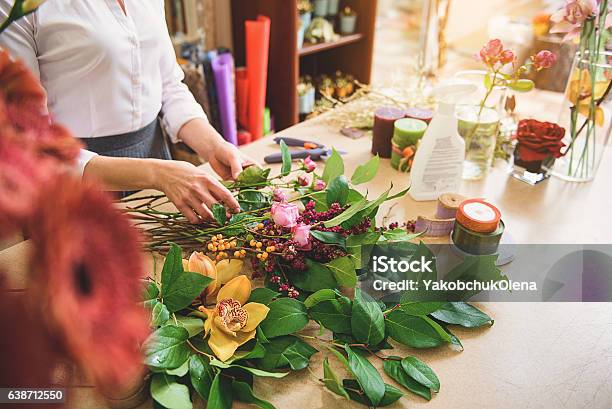 Professional Florist Creating Masterpiece From Plants Stock Photo - Download Image Now