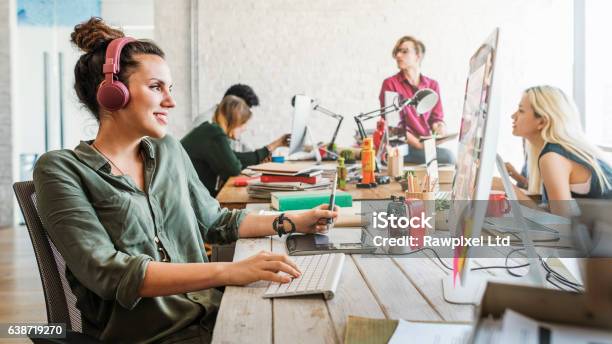 Business Team Brainstorming Workspace Concept Stock Photo - Download Image Now - Design Professional, Headphones, Working