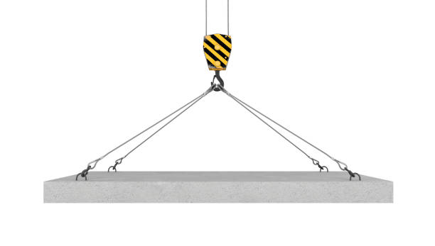 Rendering of crane hook lifting concrete panel on the white 3d rendering of crane hook lifting concrete panel on the white background. Construction equipment. Cranes and cargoes. Building industry hoisting stock pictures, royalty-free photos & images