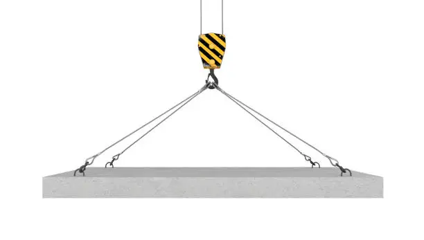 3d rendering of crane hook lifting concrete panel on the white background. Construction equipment. Cranes and cargoes. Building industry