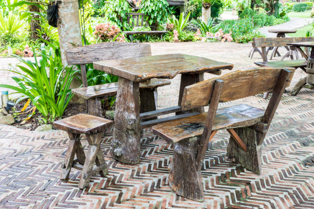 istock Wooden table and chairs in the garden 638724108