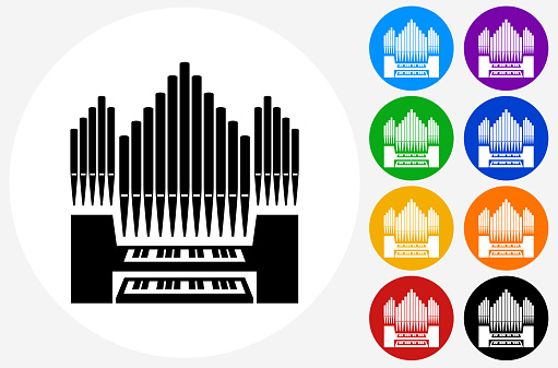 Organ Icon on Flat Color Circle Buttons. This 100% royalty free vector illustration features the main icon pictured in black inside a white circle. The alternative color options in blue, green, yellow, red, purple, indigo, orange and black are on the right of the icon and are arranged in two vertical columns.