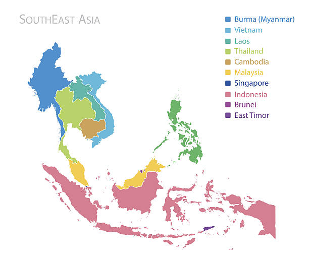 illustrazioni stock, clip art, cartoni animati e icone di tendenza di mappa del sud-est asiatico - sud est asiatico