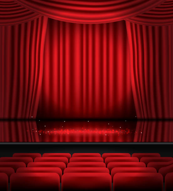 ilustraciones, imágenes clip art, dibujos animados e iconos de stock de abra cortinas rojas con asientos y espacio de copia. - stage theater theatrical performance curtain seat