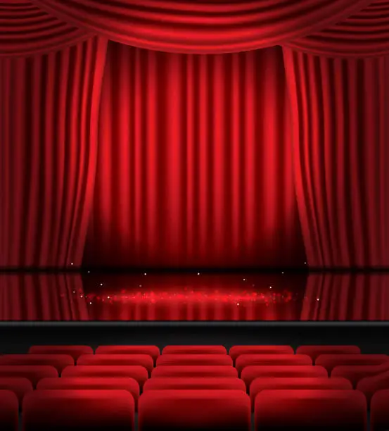Vector illustration of Open Red Curtains with Seats and Copy Space.