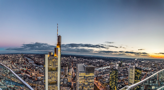 Frankfurt, Germany - January 17, 2017: Skyline of Frankfurt with river Main and skyscrapers in the evening.