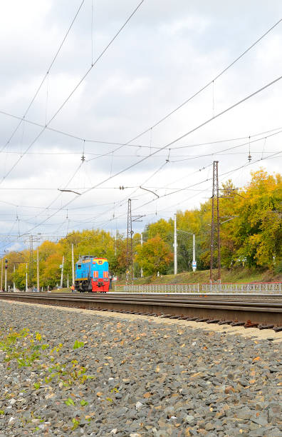 istock Bright electric locomotive on the tracks. 638731174