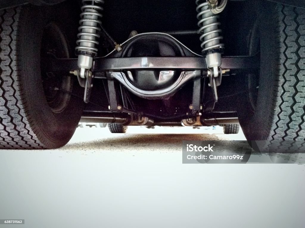 Rear Differential A rear differential ball with sport drag car suspension and big racing tires Shock Absorber Stock Photo