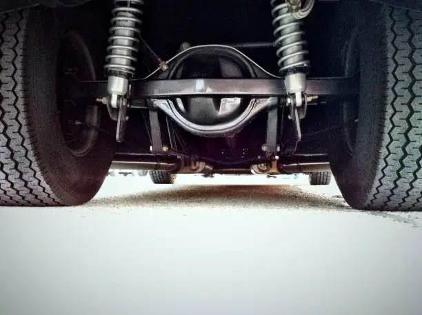 A rear differential ball with sport drag car suspension and big racing tires