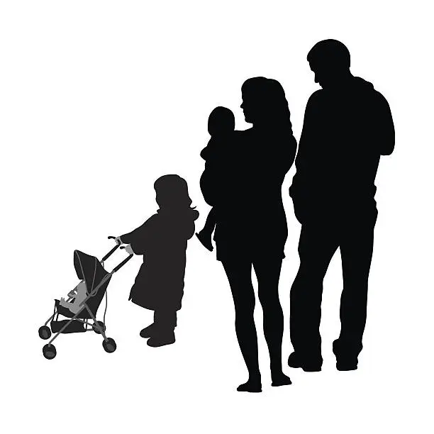 Vector illustration of Child And Stroller Family Silhouette Vector