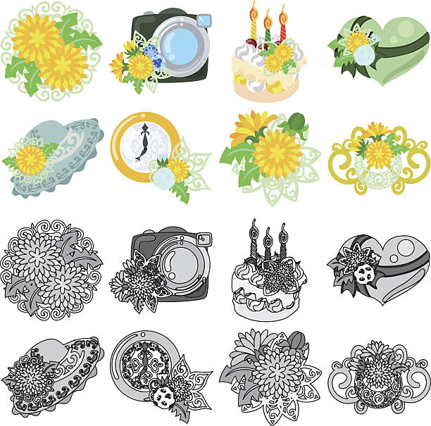 The icons of dandelion object The cute icons of dandelion such as camera and cake and heart and hat and clock and tiara dandelion clock stock illustrations