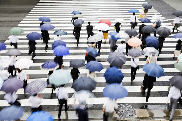 tokyo crosswalk scene on rainy day - umbrella parasol rain rush hour imagens e fotografias de stock