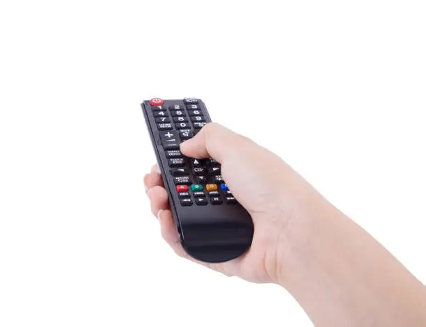Photo of hand with tv remote control isolated on white