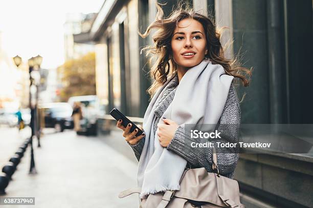 Woman Texting Outdoors Stock Photo - Download Image Now - Women, Elegance, One Woman Only