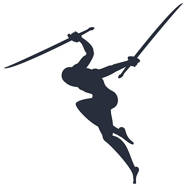 black silhouette of ninja Black silhouette of ninja. Warrior in battle, attack katana sword. Japanese art of war and struggle. Flat vector cartoon illustration. Objects isolated on a white background. ninja stars drawing stock illustrations