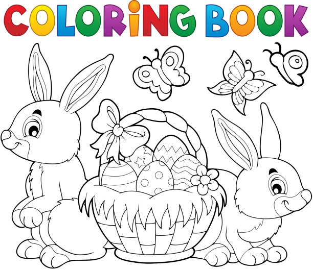 illustrations, cliparts, dessins animés et icônes de livre à colorier panier de pâques et lapins - tame
