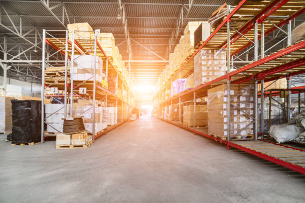 istock Long shelves with a variety of boxes and containers. 638745224