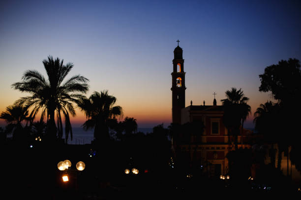 Night view of the St. Peter Church in the old city. Jaffa, Tel-Aviv-Yafo, Israel.