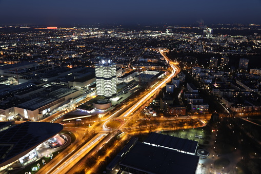 Munich, Germany - December 29, 2016: Munich modern city night traffic aerial view, Germany. Munich Munich is a global financial and business centreand has the strongest economy of any German city.