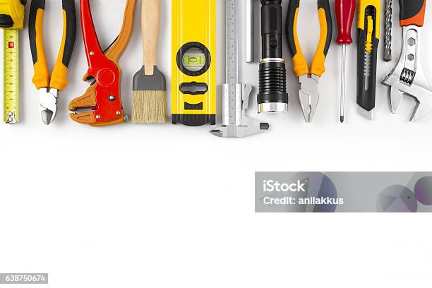 Work Tools On Isolated White Background Stock Photo - Download Image Now - Work Tool, Backgrounds, Construction Equipment