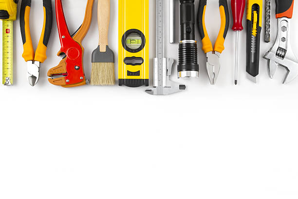 work tools on isolated white background - nobody hammer home improvement work tool imagens e fotografias de stock