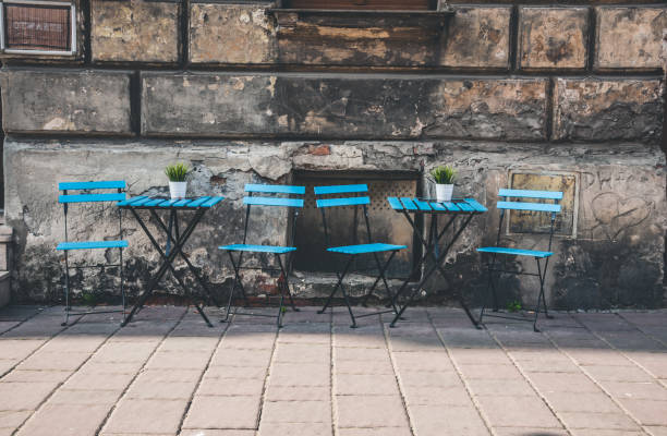 istock Two blue tables on the street 638754590