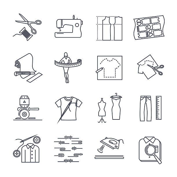 얇은 라인 아이콘 의류, 의류 세트 - sewing textile garment industry stock illustrations