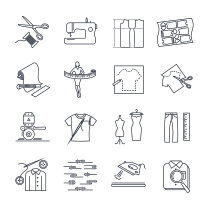 set of thin line icons apparel, clothing, garment manufacturing, sewing process