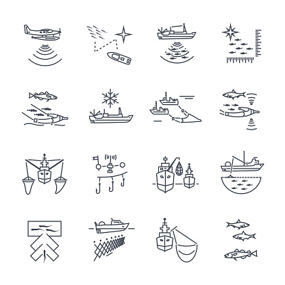 set of thin line icons commercial fishing process