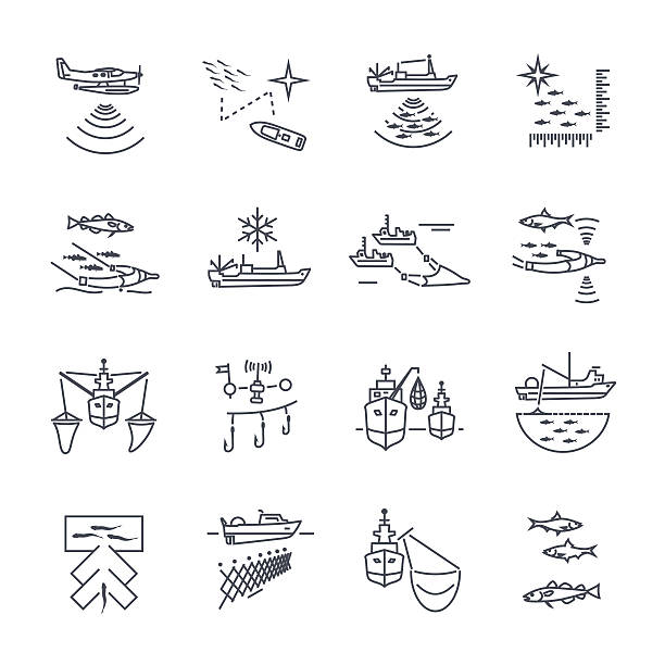 set of thin line icons fishing process vector art illustration