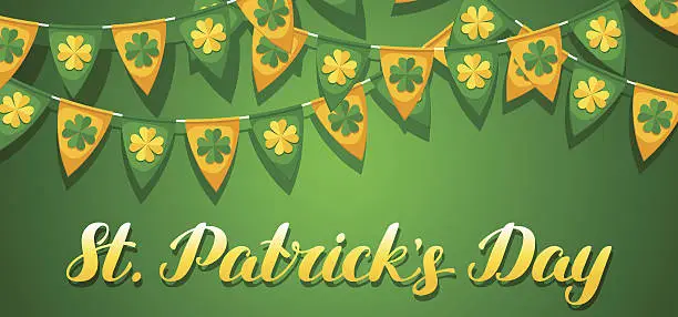 Vector illustration of Saint Patricks Day seamless pattern. Garland flags with clover