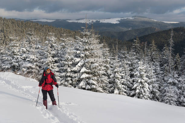 istock woman in winter trekking 638758024