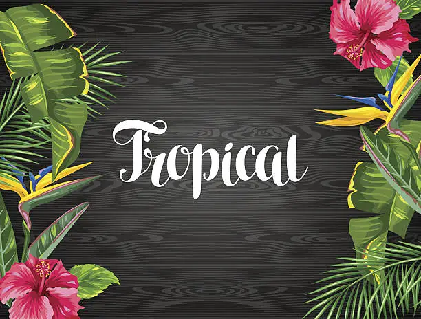 Vector illustration of Invitation card with tropical leaves and flowers. Palms branches, bird