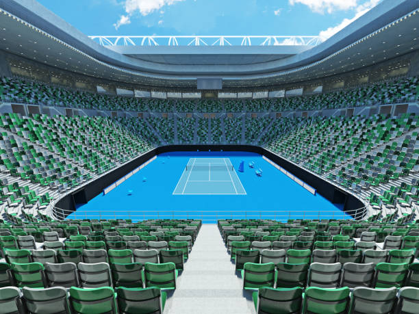 3D render of beutiful modern tennis grand slam lookalike stadium 3D render of beutiful modern tennis grand slam lookalike stadium for fifteen thousand fans scoreboard stadium sport seat stock pictures, royalty-free photos & images