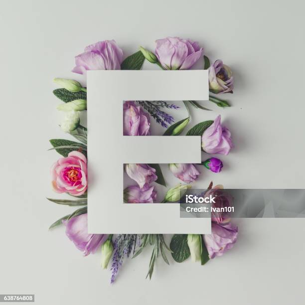 Diseño Creativo Con Flores De Colores Hojas Y Letra E Amor Foto de stock y más banco de imágenes de Abstracto