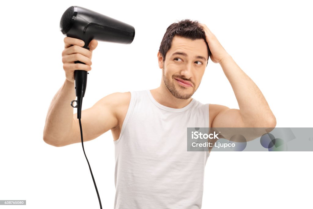 Handsome Guy Blow Drying His Hair Stock Photo - Download Image Now - Men, Hair  Dryer, Dry - iStock