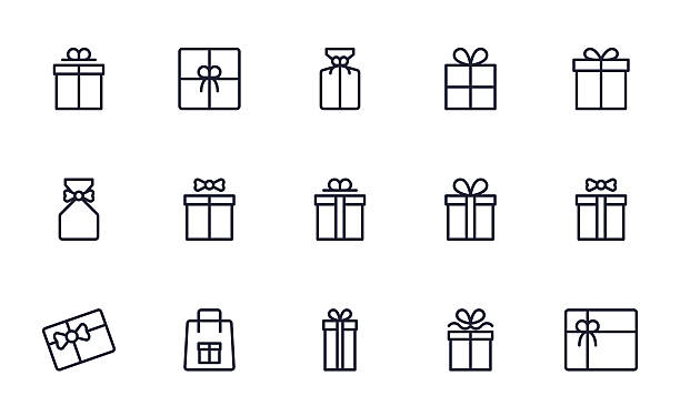ilustraciones, imágenes clip art, dibujos animados e iconos de stock de iconos de caja de regalo establecer estilo de contorno - regalo