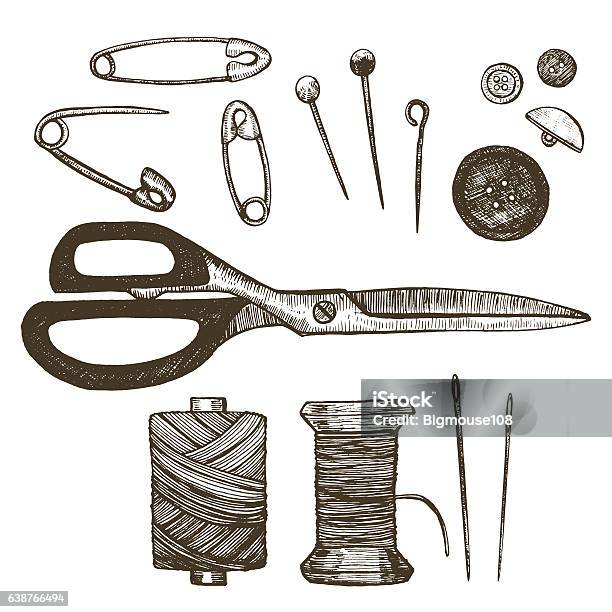 Sewing Set Hand Draw Sketch Vector Stock Illustration - Download Image Now - Drawing - Activity, Thread - Sewing Item, Art And Craft