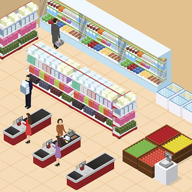 ilustrações de stock, clip art, desenhos animados e ícones de interior shop with furniture isometric view. vector - cash register register wealth checkout counter