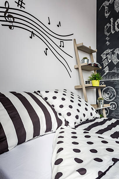 istock Trendy patterned bedroom with musical accents 638768348