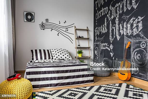 Monochrome Bedroom For Musician Stock Photo - Download Image Now - Bedroom, Child, Music