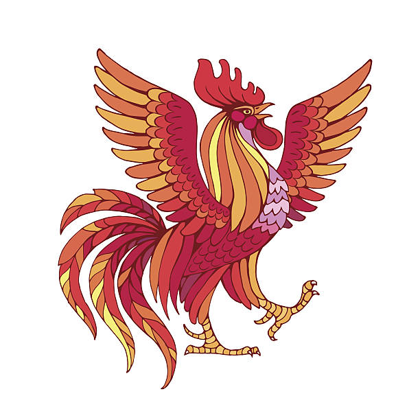 Fire Rooster. Vector illustration of hand drawn stylized red rooster with spread wings, symbol of 2017. Isolated on white. rooster open wings stock illustrations