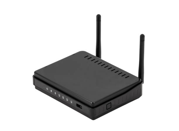 istock Black wireless internet network wi-fi router solated on white background 638771470