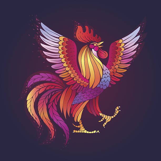 Fire Rooster. Vector illustration of hand drawn stylized red rooster with spread wings, symbol of 2017. Isolated on dark background. rooster open wings stock illustrations